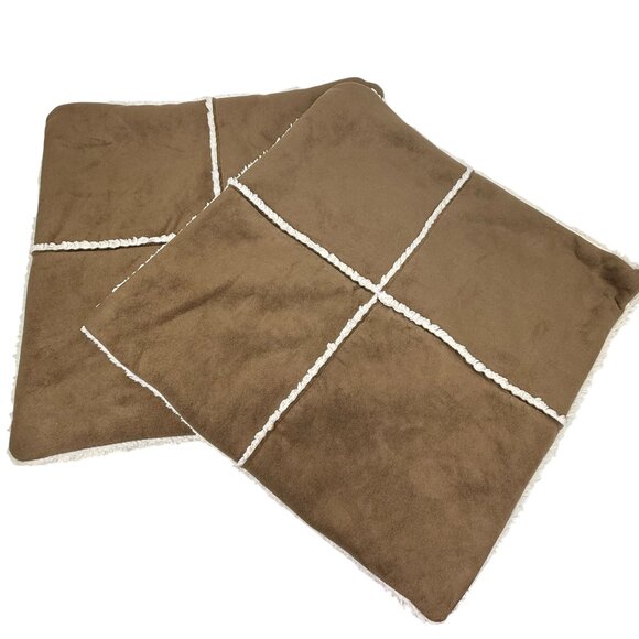 Pottery Barn Faux Suede Sherpa Brown Cream Accent Pillow Covers 18" Rustic Cabin - Picture 1 of 7